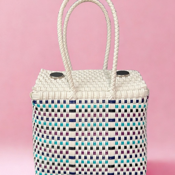 Chic Woven Tote Bag in White, Blue, and Purple - Picture 1 of 3